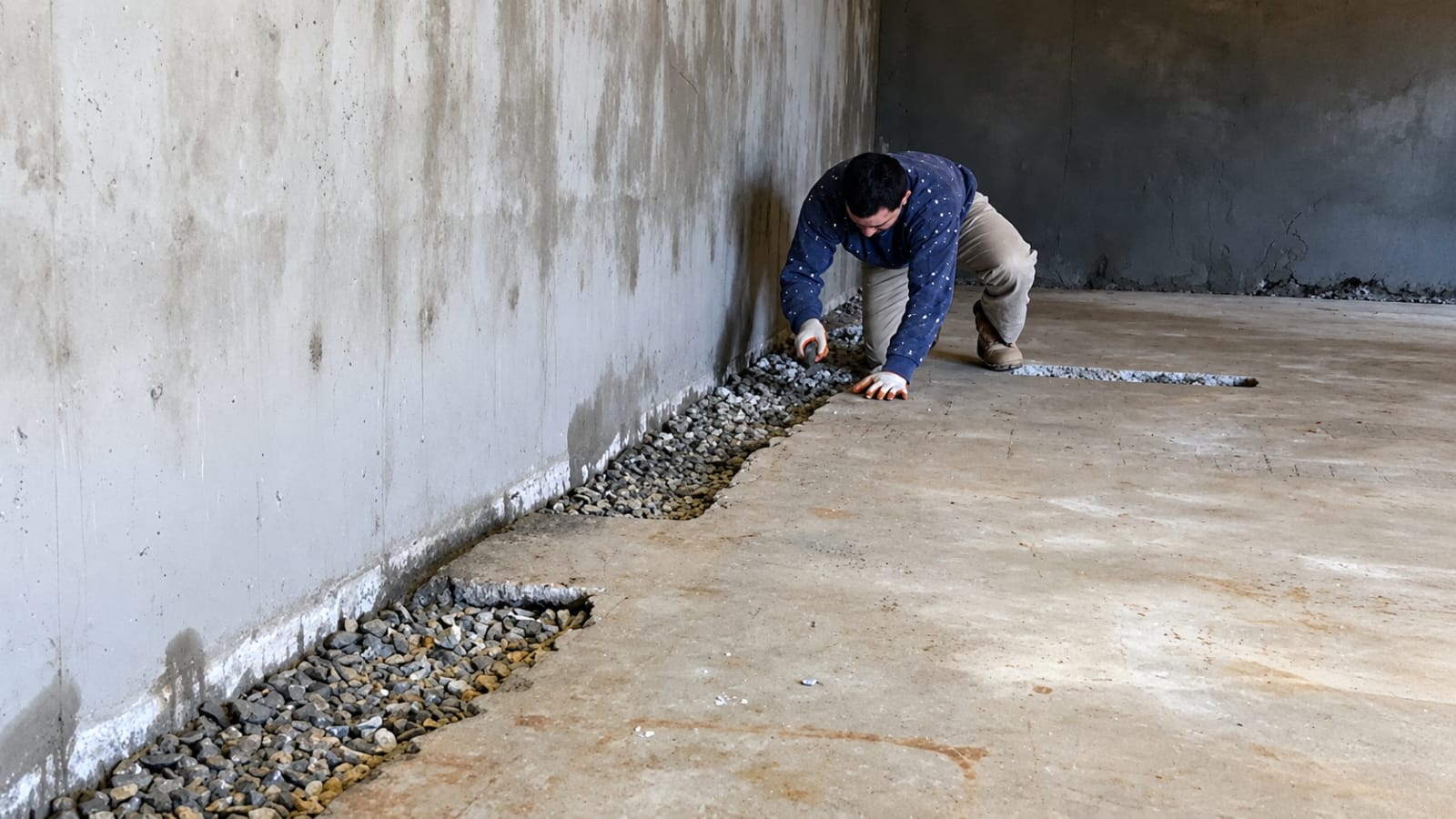 Applicator opening a gravel drainage channel along a basement wall-and-floor junction
