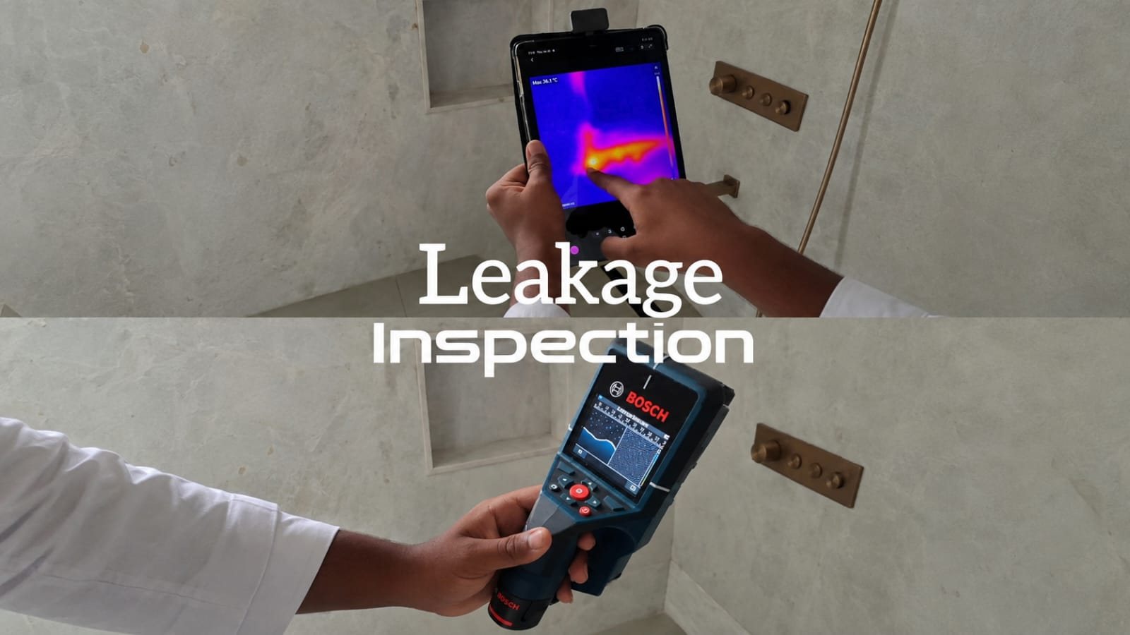 Thermal camera heat-map on a tablet and a handheld leak-detection device scanning a bathroom wall