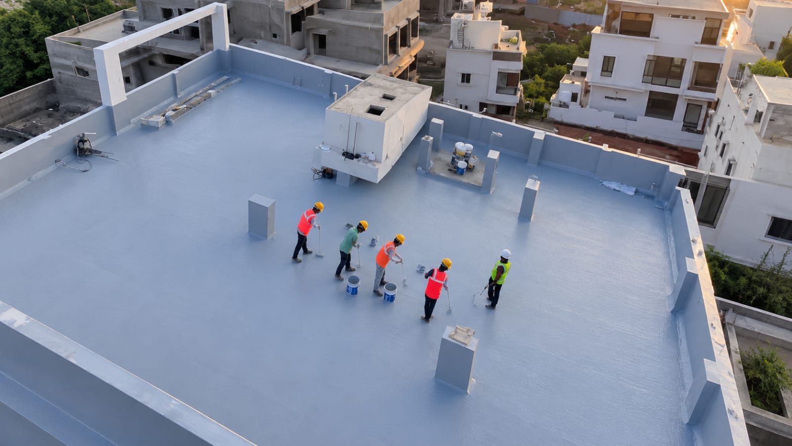 Aerial view of five workers applying a pale waterproof coating across a large rooftop slab