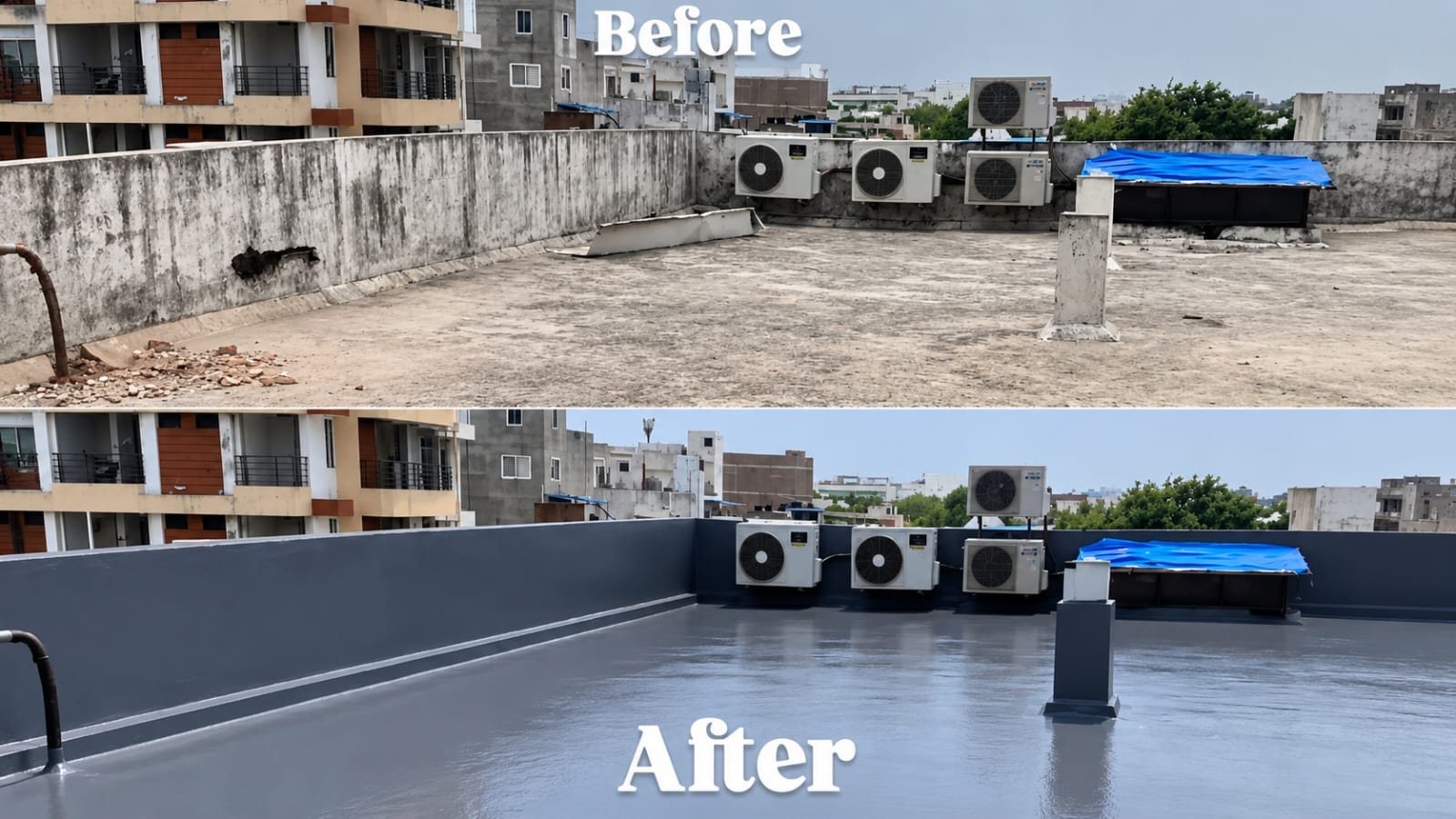Before and after of a rooftop with AC units: weathered bare concrete above, dark navy waterproof coating below