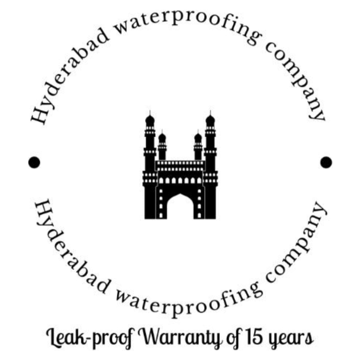 Hyderabad Waterproofing Co seal — Charminar mark with a 15-year leak-proof warranty
